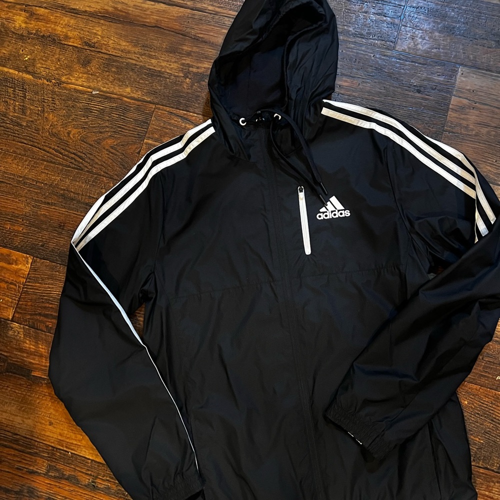 Adidas Black Windbreaker Jacket with Signature Stripes
